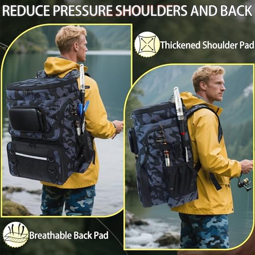 Fishing Backpack with Rod Holder X-Large 60L Tackle Gears Bag with Cooler for Storage Tackle Box and Fishing Accessories Stuff, Fish Gifts for Men Woman-Black Camo - Image 6