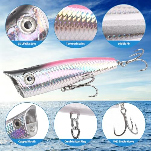 Large Top Water Popper Lure: 2pcs 3D Eyes Tuna Popper Saltwater Fishing Lures for Surf Fishing Gt Tuna Kingfish Large Predator Fish - Image 3