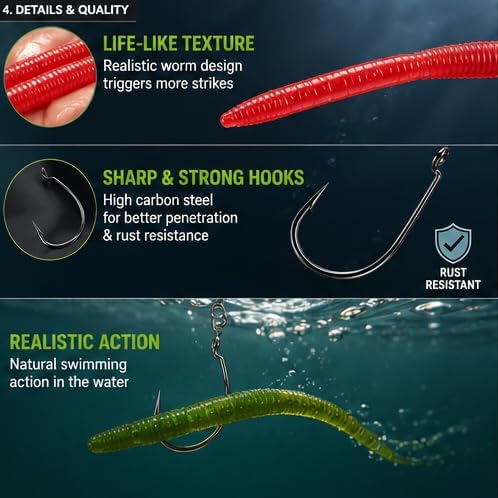 50PCS Fishing Worm Lure Kit with Hooks & Swivels – Soft Plastic Bass Fishing Lures in Red, Green & Orange, Ready-to-Fish Worm Baits for Bass, Trout, Crappie, Freshwater & Saltwater - Image 5