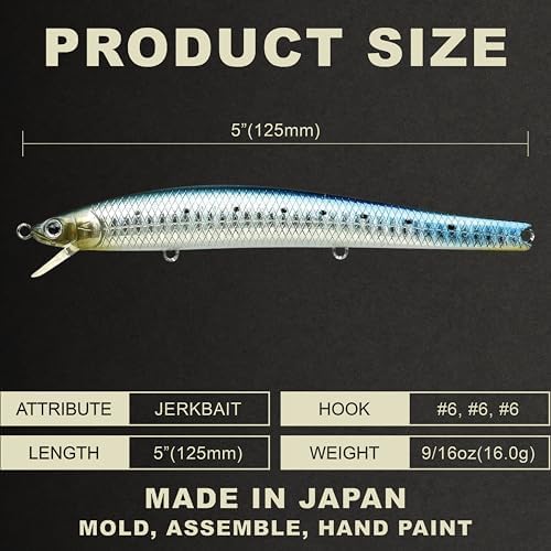 Lucky Craft FlashMinnow 125 YAWARA Saltwater Fishing Lure, Jerkbait for Halibut and Sea Bass, Long Casting Fishing Gear, Slow Sinking 5in 0.7oz, Tackle Box and Fish Accessories - Image 2