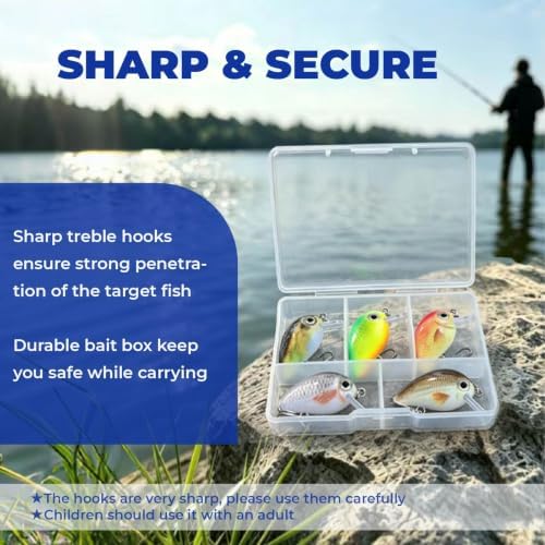 5PCS Micro Crankbait Fishing Lures Set, Lifelike 3D Eyes Hard Bait with Sharp Treble Hooks, Freshwater Saltwater Lures for Bass Trout Perch Walleye Pike, Tackle Box Included - Image 7