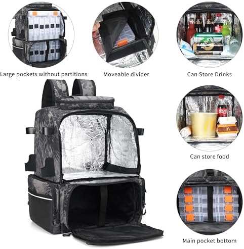 Rabjen Fishing Tackle Backpack, 45L Storage Waterproof Travel Bag Store Fishing Gear with Insulated Top Pocket - Image 2