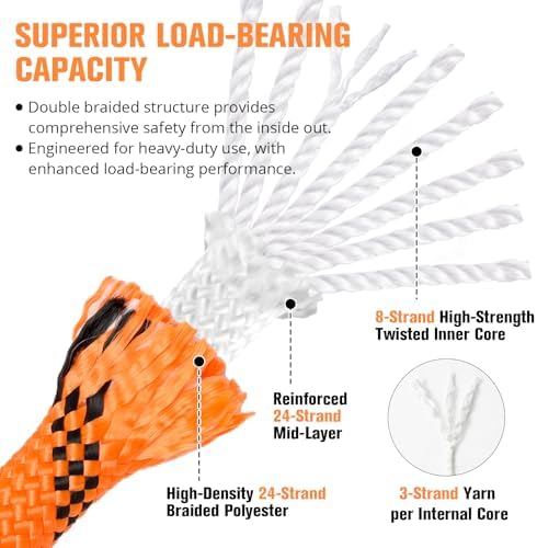Double Braided Arborist Rigging Rope - 3/4 in X 220 ft 24 Strands Rappelling Outdoor Pulling Heavy Duty Polyester Bull Rope for Swing Tree Work Camping Rescue Hiking Logging - Orange - Image 3
