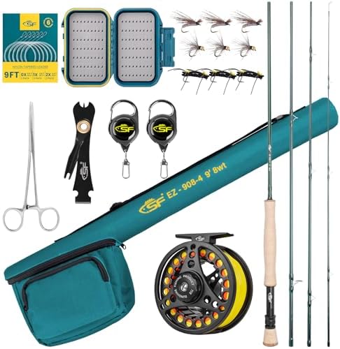 SF Fly Fishing Rod Combo Starter Kit Semi Gloss Green Jade Finish 24T Carbon Fiber Trout Travel Fly Rod with Reel,Fly Rod case,Fly Box , Flies,Tapered Leader,Knot Tying Tools by SUNSHINEFISHING