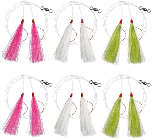 Flounder Rigs for Saltwater Fishing, 6pcs Fishing Bait Rigs with Mylar Bucktail Teaser Hook Pr-Rigged Fishing Rigs for Surf Ocean Flounder Sea Bass Halibut Fishing by OROOTL