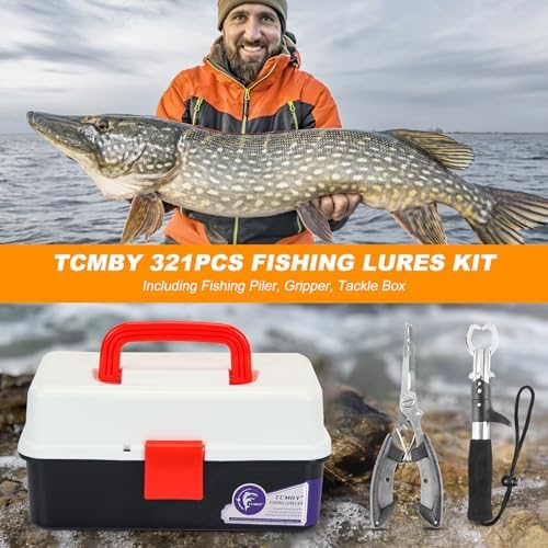 TCMBY 3 Layers Tackle Box with Tackle Included, 321Pcs Fishing Lures Kit Contains Pliers, Crankbait, Hooks, Weights & Accessories, Fishing Gear Bait Lure Gifts for Men Bass Freshwater (White Black) - Image 2