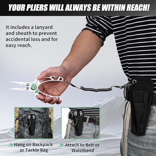 Fishing Pliers with Innovative Ergonomical Handle, Corrosion Saltwater Resistant,Fishing Multitool Hook Remover Braided Fishing Line Cutting, Split Ring with Coiled Lanyard and Sheath - Image 5