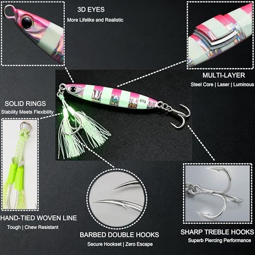 Saltwater Fishing Lures Metal Jigs Vertical Jigging Lure with Treble & Double Assist Hooks, 35-100g 6 pack Laser Glow Spoon Speed Sinking Slow Pitching Jig Offshore Targeting Tuna Mahi-Mahi Yellowtail - Image 3