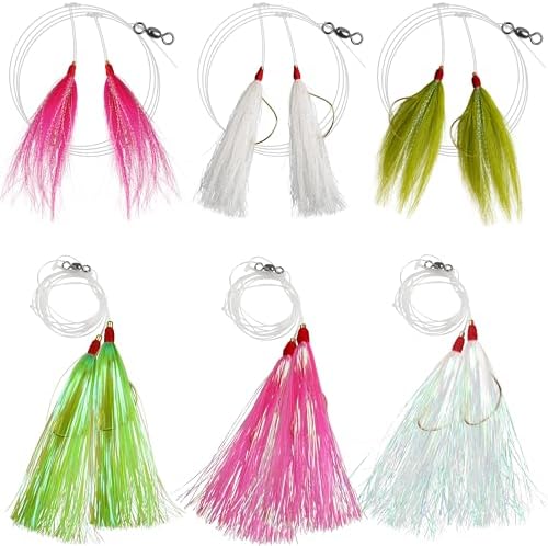 Fishing Teaser Rigs Saltwater, 3/6 Pack Flounder Rigs Hand Tied Sea Bass Hi Lo Rig Fishing Bait Rigs Multicolor Mylar Bucktail Teasers Rig for Flounder Fluke Halibut Sea Bass by SILANON