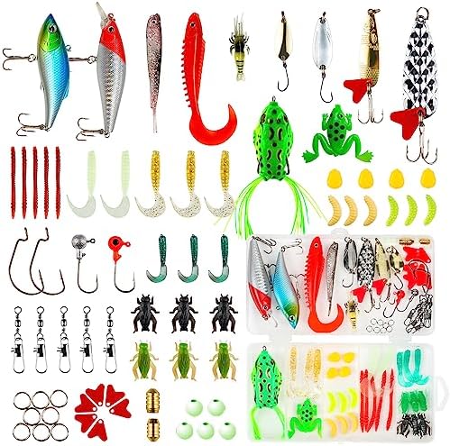 GOANDO Fishing Lures Kit for Freshwater Bait Tackle Kit for Bass Trout Salmon Fishing Accessories Tackle Box Including Spoon Lures Soft Plastic Worms Fishing Gifts by KUWAN