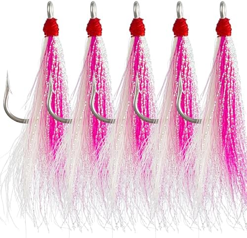 Bucktail Teaser Fishing Hooks,5pcs Saltwater Flounder Rig Stainless Steel Fishing Jig Hooks Bucktail Mylar Flash Teasers Inserted for Striper Catfish Cod Flounder Hi/Lo Rig by SILANON