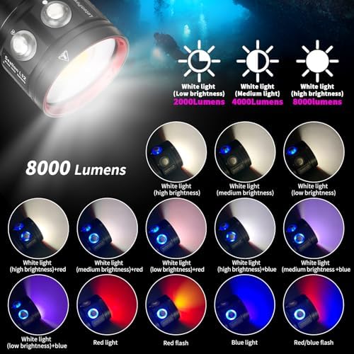 Diving Flashlight, L12 8000Lumens Dive Light,100m Underwater Video Light, Scuba Dive Lights, Underwater Flashlight with Type-C Charging for Professional Under Water Sports - Image 2