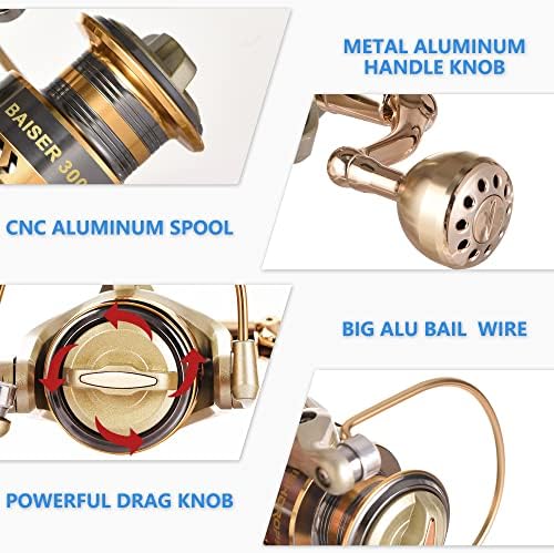 Fishdrops Spinning Fishing Reels, Lightweight Spinning Reel, 15.5 LBs Max Drag, 5.1:1/5.5:1 High Speed Ultra Smooth Powerful with CNC Aluminum Spool Fishing Reels Freshwater(Black/Gold) - Image 6