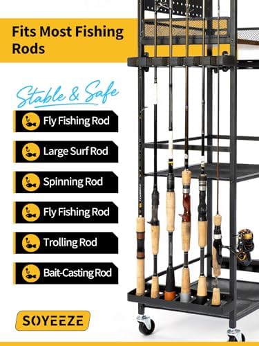 SOYEEZE Fishing Rod Holders for Garage, Fishing Pole Holders Up to 12 Rods with Pegboard and Hooks,Rolling Fishing Cart with Wheels, Fishing Gear Storage For Tackle Box & Reel Organization-6 Hooks - Image 6