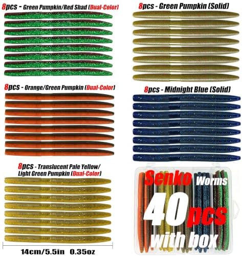 Senko Worms for Bass Fishing: 40PCS 5.5" Wacky Worm Lures Kit with Box | Senkos Soft Plastic Baits for Freshwater Saltwater | Slow-Fluttering Action - Image 2