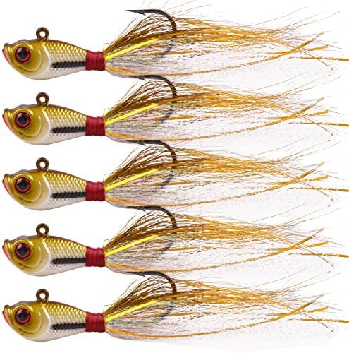 Bucktail Jigs Saltwater Fishing Lures, 5pcs Premium Bucktail Hair Jigs Head Saltwater Striper Lures for Bass Flounder Bluefish Halibut Redfish Surf Fishing 1/4oz 1/2oz 1oz 1.5oz 2oz by OROOTL