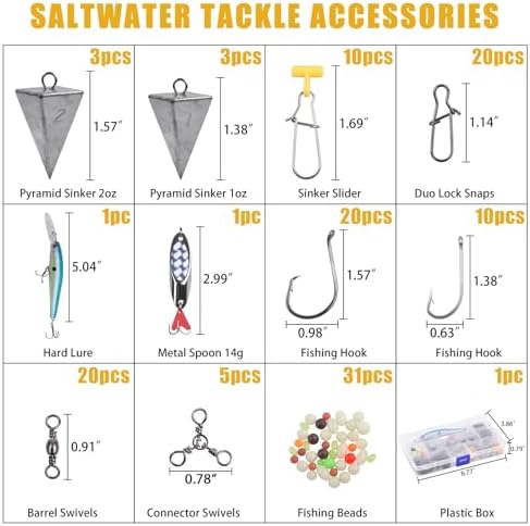 Saltwater Fishing Tackle Kit, 136pcs Surf Fishing Gear Fish Finder Rigs Saltwater Fishing Lures Crankbait Spoon Pyramid Sinker Fishing Hooks Leaders Swivels Ocean Fishing Tackle Accessories - Image 2