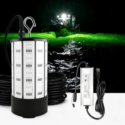 Underwater Fishing Light 120W 15000LM, 530nm Green Submersible Fish Attractant Light with 30FT Cord, 100–277V AC to 12V DC Adapter, 40FT Safety Cable, for Night Fishing, Dock, Boat by NS