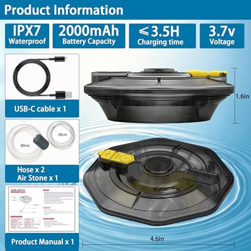 Rechargeable Floating Aerator Pump - IPX7 Waterproof Portable Bait Bucket Aerator, Live Bait Aerator for Fishing, 40H+ Battery for Power Outage, Fish Tank Bubbler for Live Minnows - Image 6
