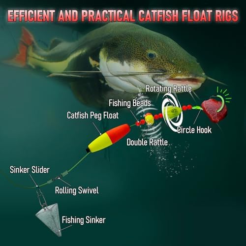 Alwonder 5-Pack Catfish Bait Float Rigs Kit, Ready Cat Fish Rig with Catfish Rattles Peg Floats Beads Circle Hooks 6/0 8/0 10/0, Catfishing Tackle Equipment Rattle Floater Bobbers Cat Fishing Gear - Image 6