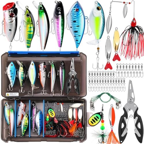 PLUSINNO Fishing Lures Fishing Tackle Box Fishing Gifts for Men, Bass, Trout Fishing Accessories Kit for Saltwater & Freshwater Fishing Gear Including Topwater Lures, Hooks, Spinnerbaits by PLUSINNO