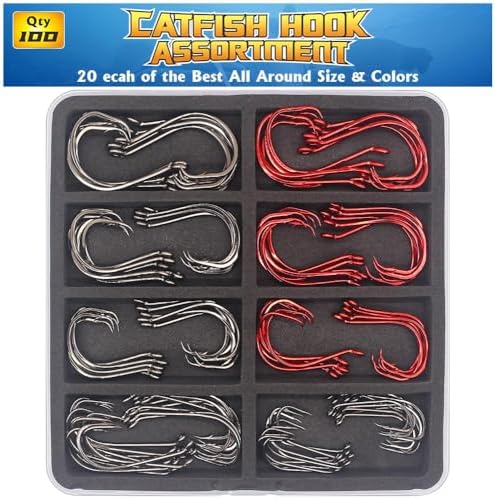 Catfish Hook Set Offset Octopus Circle & Baitholder Hooks 100-Pack Assorted Sizes 8/0 to 2/0 –Fishing Accessories by LURELINK