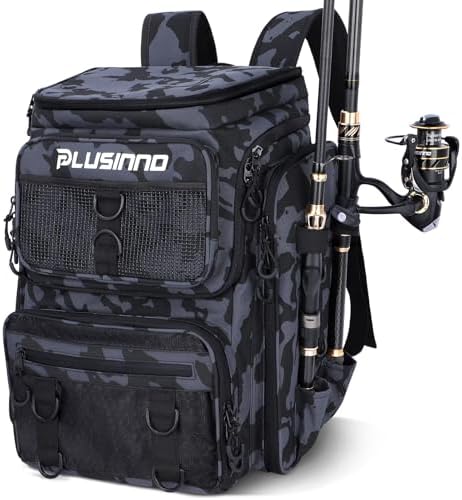 PLUSINNO Fishing Tackle Backpack with Rod Holders，42L Water-resistant Fishing Bag Store Fishing Gear, Fisher Gifts For Men. by PLUSINNO