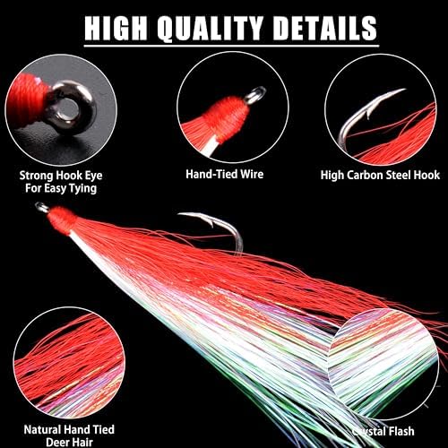 Bucktail Teasers Fishing Hooks Saltwater Flounder Rig Bucktail Mylar Teasers Inserted Fishing Teaser Hooks for Jigs Spoons Lures Hi/Lo Rig Striped Bass Bluefish Flounder Surf Bottom Fishing - Image 2