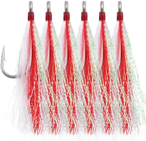 Bucktail Teasers Fishing Hooks Saltwater Flounder Rig Bucktail Mylar Teasers Inserted Stainless Steel Fishing Teaser Hooks for Striped Bass Trout Catfish Cod Flounder Hi/Lo Rig Jigs Spoons Lures by AGOOL