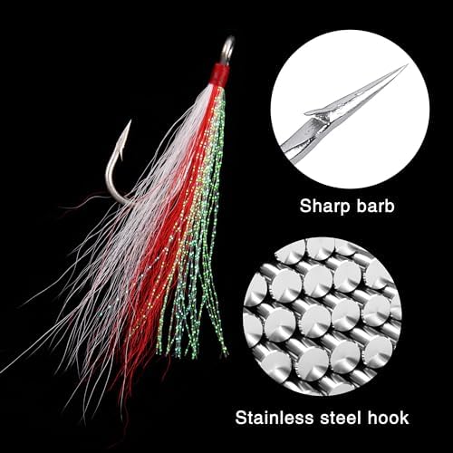 Bucktail Teasers Fishing Hooks Saltwater Flounder Rig Bucktail Mylar Teasers Inserted Stainless Steel Fishing Teaser Hooks for Striped Bass Trout Catfish Cod Flounder Hi/Lo Rig Jigs Spoons Lures - Image 3
