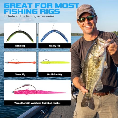 TOPFORT Fishing Lures, Bass Fishing Kit with Wacky Worm, Fishing Worms for Bass Fishing, Soft Plastic Baits with Hooks, Weights, Fishing Accessories, Fishing Gear Fishing Gifts for Men with Tackle Box - Image 4
