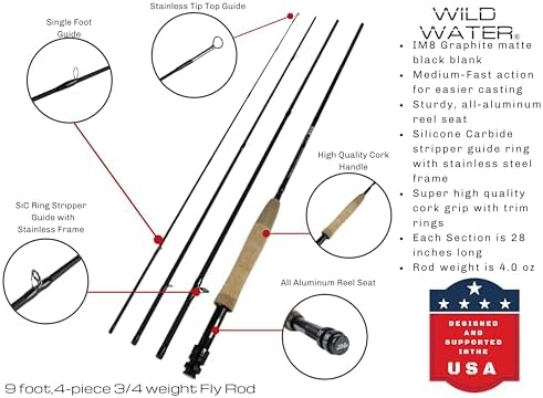 Wild Water Fly Fishing 9 Foot, 4-Piece, 3/4 Weight Fly Rod Deluxe Complete Fly Fishing Rod and Reel Combo Starter Package - Image 2