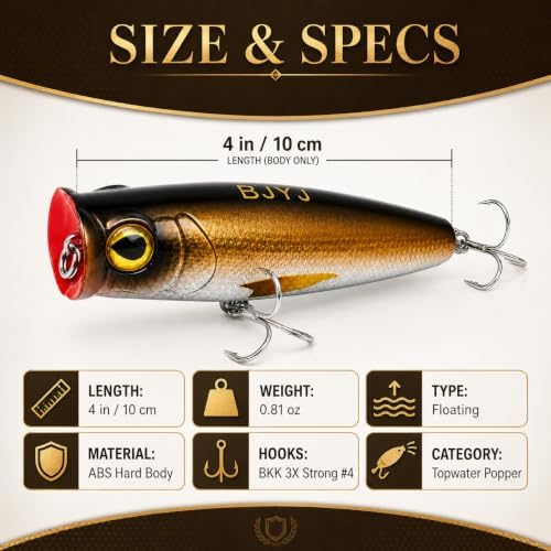 Topwater Popper Fishing Lure, 4in 0.81oz ABS Floating Saltwater Bait with BKK 3X #4 Treble Hooks, Foil-Stamped Finish for Inshore Striped Bass Redfish Snook Tarpon - Image 2