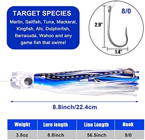 Saltwater Fishing Lures 6/9inch Trolling Lures for Marlin Mahi Tuna Dolphin Shark Big Game Deep Sea Fishing Baits Squid Skirts Rigged Hooks Ocean Gear Tackle - Image 3