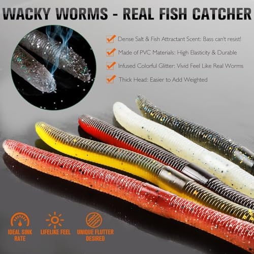Dovesun Wacky Worm for Bass Trout Fishing Worms Kit with Soft Plastic Baits, Weedless Hooks, Bass Hooks,Weedless Jig Head, Wacky Rig Tool, O-Rings, Weight 152Pcs/131Pcs/50Pcs - Image 2