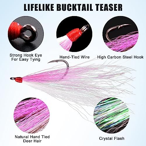 Fishing Bucktail Teaser Hooks,5pcs Saltwater Fishing Jig Teaser Lures with Carbon Steel Hooks Crystal Flash Flounder Rigs for Salmon Trout Sea Bass Steelhead - Image 2