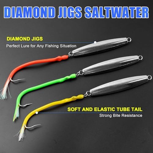 Diamond Jigs Saltwater Fishing Lures,Casting Jigging Spoon with Split Tube Tail Stainless Steel Hook Metal Jig Spoon Baits for Deep Sea Offshore Surf Fishing Bottom Sinking - Image 4