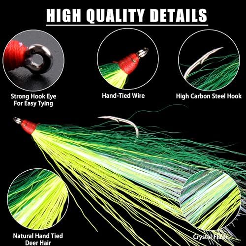 Bucktail Teasers Fishing Hooks Saltwater Flounder Rig Bucktail Mylar Teasers Inserted Fishing Teaser Hooks for Jigs Spoons Lures Hi/Lo Rig Striped Bass Bluefish Flounder Surf Bottom Fishing - Image 2