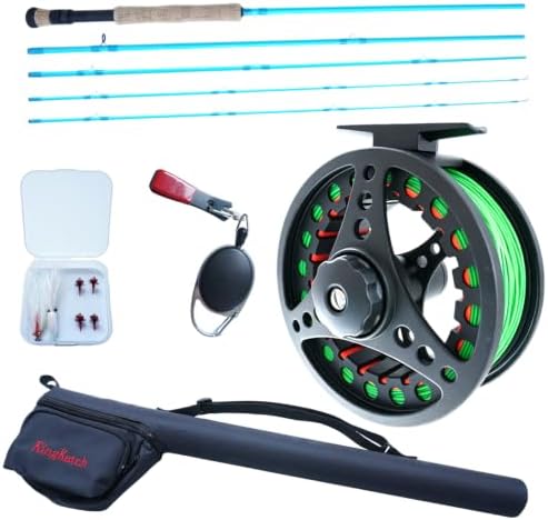 Fly Fishing Rod Combo, 4 Piece Portable 5/6WT Fly Rod with Extra Spare Tip, Pre-Loaded Fly Reel and Fly Line with Flies, Complete Starter Kit for Trout, Bass and Freshwater Fishing by KingKatch