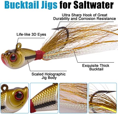 Bucktail Jigs Saltwater Hair Jig Lures, 5pcs Bucktail Jigs Fishing Lures Surf Fishing Jig Head Swimbait Jig Hook for Bass Flounder Striper 1/4oz 1/2oz 1oz 1.5oz - Image 2