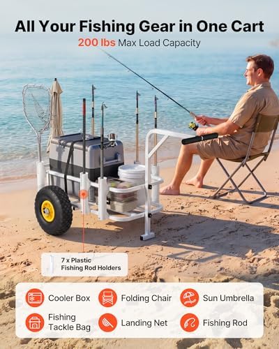 VEVOR Beach Fishing Cart, 200 lbs Load Capacity, Fishing Cart Wagon with Heavy-Duty Carbon Steel Frame, 11 in All-Terrain Tires, 7 Rod Holders, Easy to Clean, for Outdoor Activities Camping Picnic - Image 3