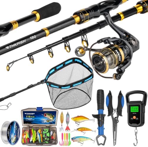 THKFISH Telescoping Fishing Rod and Reel Combo with Fishing net, Carbon Fiber Travel Fishing Pole Spinning Reel Kit with Fishing Lures, Fishing Tools Kit for Men by THKFISH