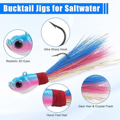 Bucktail Jigs Saltwater Fishing Lures Surf Bucktail Hair Fishing Jigs Swimbait Jig Heads for Freshwater Saltwater Bass Flounder Striper Bluefish Halibut Redfish - Image 2
