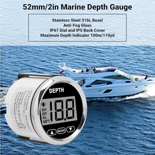 Digital Boat Depth Finder, 52mm/2in Marine Depth Gauge, Depth Sounder Dash Depth Finder Transducer with White Backlight for Yachts Boats Marine - Image 2
