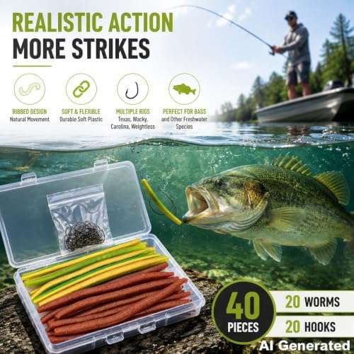 Soft Plastic Worm Fishing Kit, 5 Inch 0.25oz Stick Baits, 20pcs Double Color Segmented Worms (10 Each) with 20 Fishing Hooks, Scented Bionic Bass Fishing Lure Set - Image 3