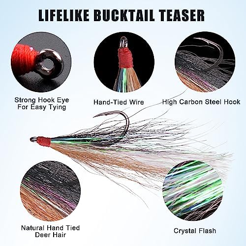 Fishing Bucktail Teaser Hooks,5pcs Saltwater Fishing Jig Teaser Lures with Carbon Steel Hooks Crystal Flash Flounder Rigs for Salmon Trout Sea Bass Steelhead - Image 2