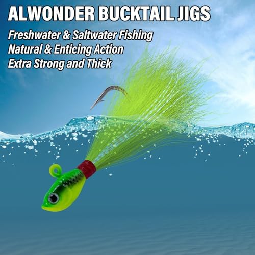 Alwonder 5-Pack Bucktail Jigs Hair Jigs Saltwater Freshwater Fishing Bucktail Lures Surf Fishing Jig Heads White Luminous Chartreuse Swimbait Jig for Bass Flounder Striper Bluefish Halibut Redfish - Image 5