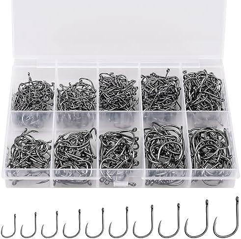 100/500PCS Fishing Hooks, Carbon Steel Sharp Barbed Fish Hooks W/Box by ReeMoo
