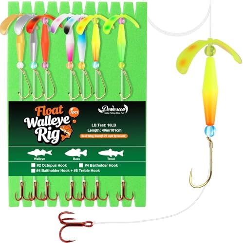 Dovesun Crawler Harness Walleye Rigs with Dual-Wing Blade, Float Walleye Spinner Rig for Slow Trolling (0.25 mph), Fluorocarbon Worm Harness, 2 Hook Walleye Fishing Rigs, 7 Pack by Dovesun