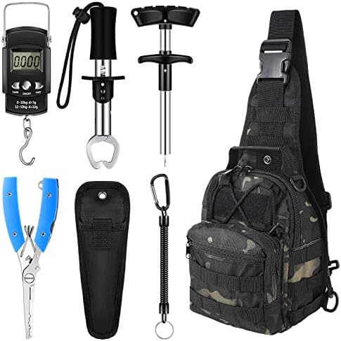 Hungdao 7 Pcs Fishing Backpack Tool Kit Fish Gear Fish Hook Pliers Remover Digital Scale Gripper Sheath Lanyards Hook Separator for Saltwater Freshwater Fishing Men Gift by Hungdao